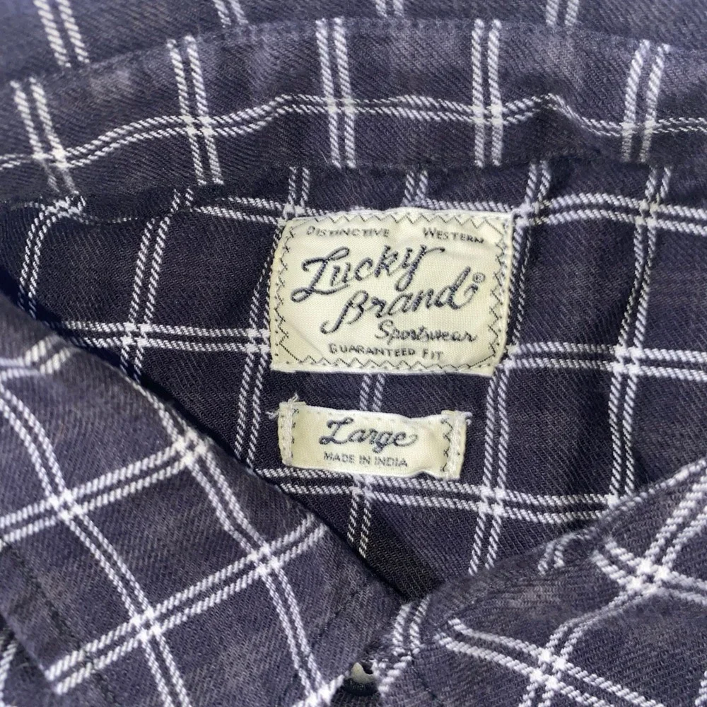 Lucky Brand Mens Navy Blue Plaid Western Snap Front Long Sleeve Shirt Large